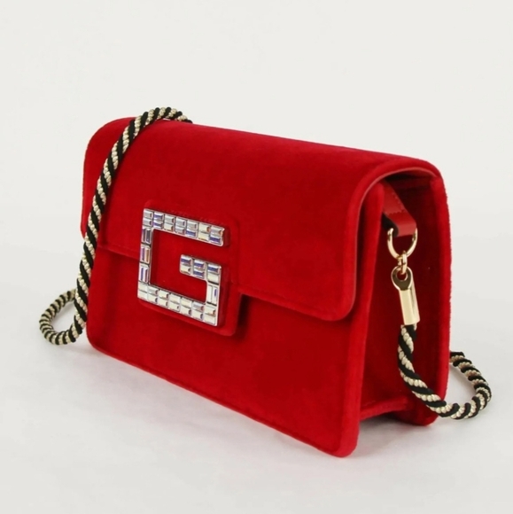 GUCCI Broadway Red Velvet and Leather Crystal Bag, New - Picture 3 of 10